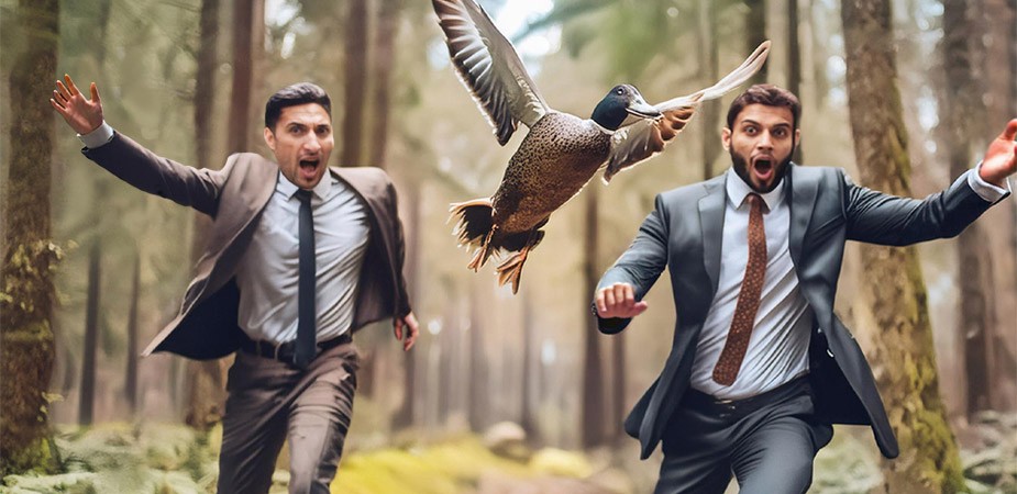 Two guys in business suites chasing a flying duck through a forest