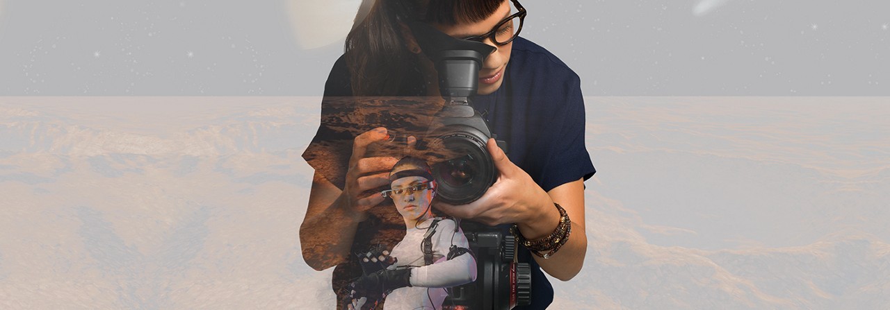 blurred combo image of a person with camera and person wearing AR goggles