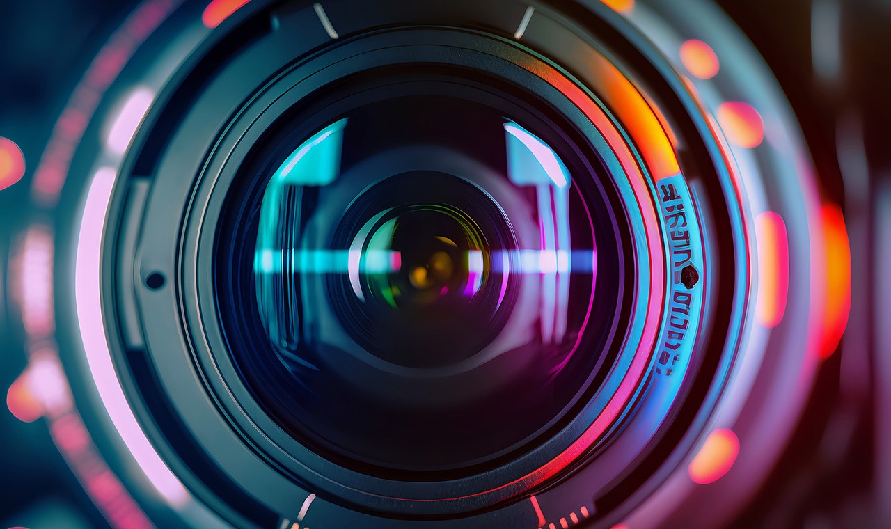 Head on close up of a lens, with lights in it.