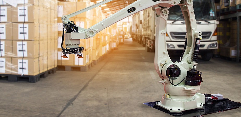 A robot is working in the loading unloading factory
