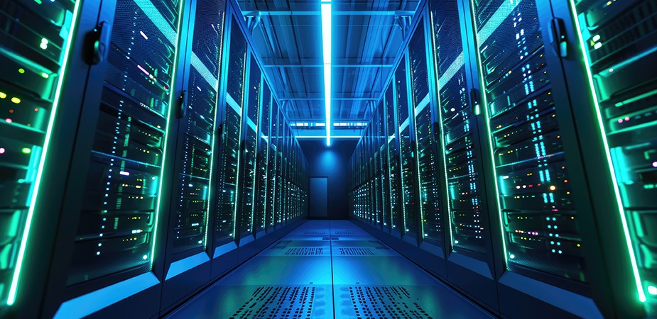 Data center room with neon lights