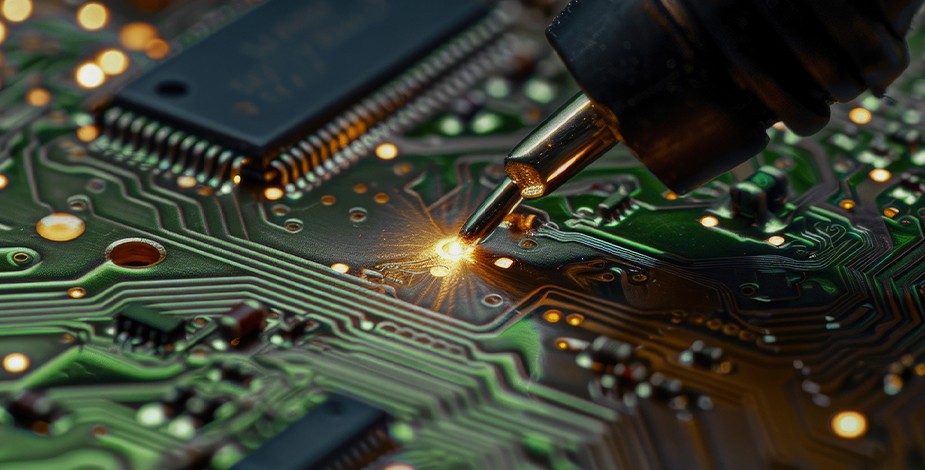 Close-up of a soldering iron being used on a circuit board